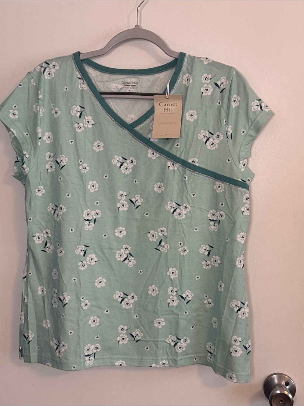 Garnet Hill organic cotton Mint Green Floral AsianWrapShort Sleeve Pajama Top md